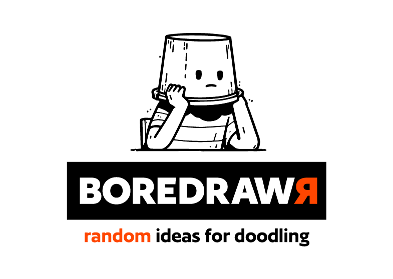 Boredrawr brand artwork: a doodled character wearing a bucket, the wordmark with a reversed orange R, and the line random ideas for doodling
