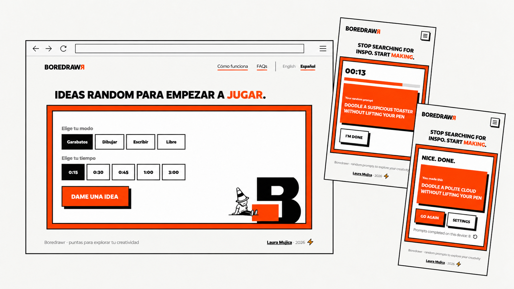 Boredrawr desktop in Spanish and mobile exercise screens in English
