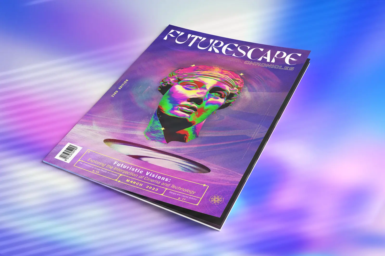 Futurescape issue 23 presented as a magazine on a violet and blue background